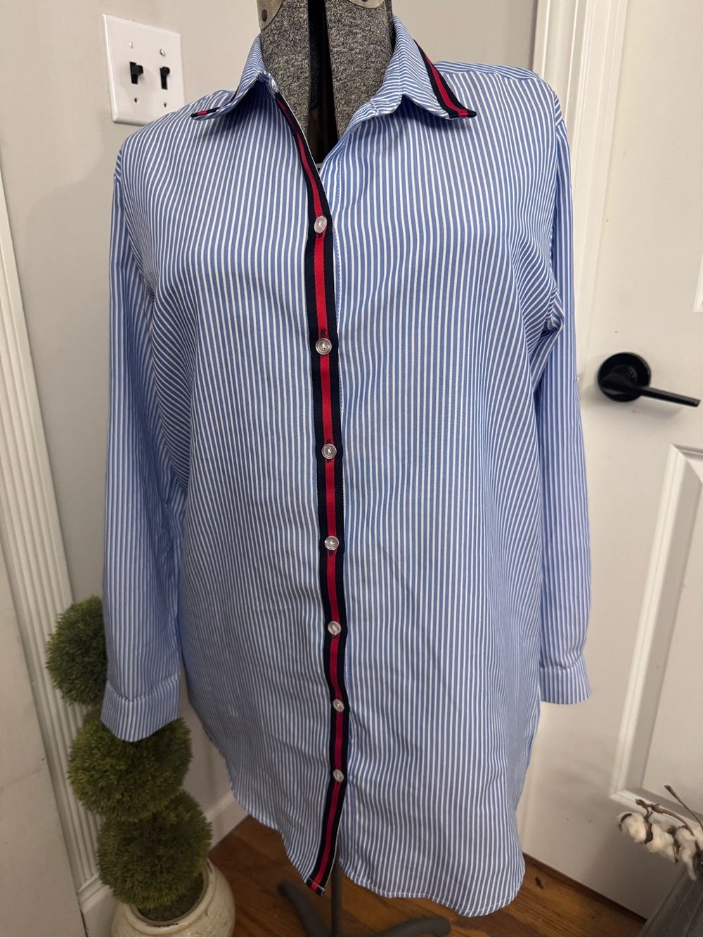 Women’s Love Tree Blue & White Striped Tunic Blouse with Navy and Red Trim MD